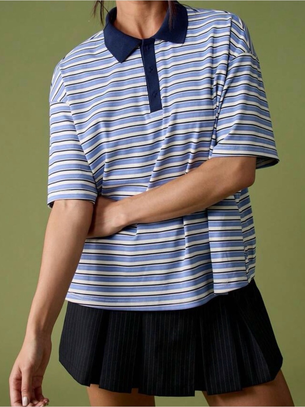ASOS Light Blue Striped Polo Top with Navy Collar